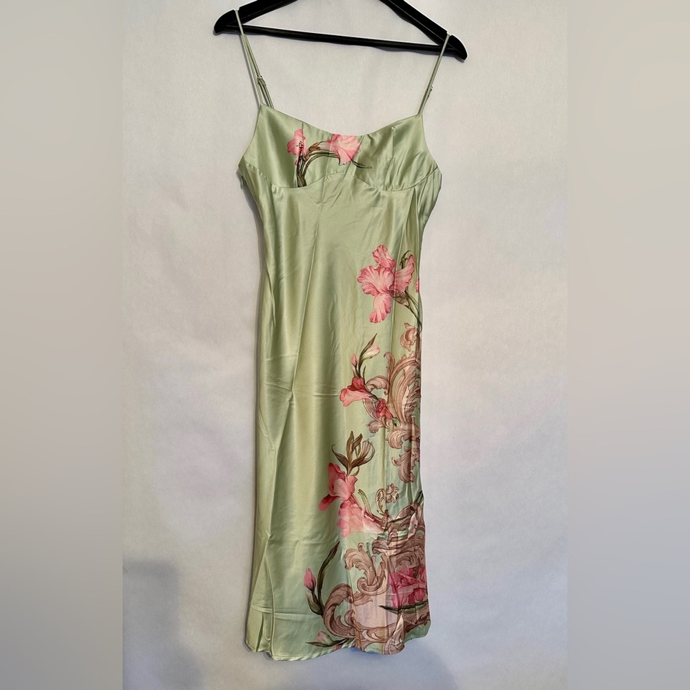 NWT Cider Satin Floral Backless Midi Slip Dress Pale Green w Pink Size Medium - Picture 8 of 14